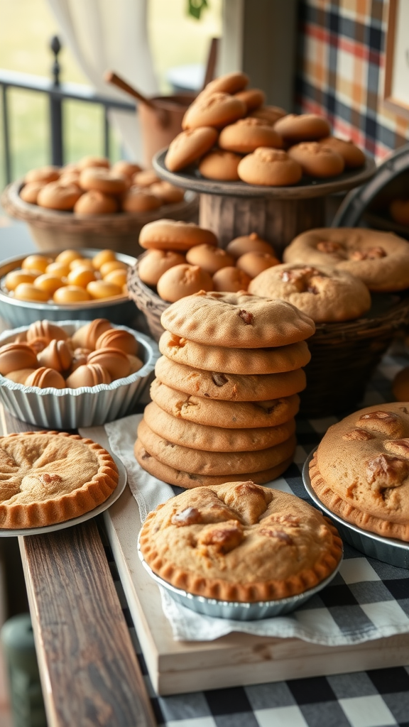 A variety of homemade baked goods including cookies and pies displayed on a wooden table.