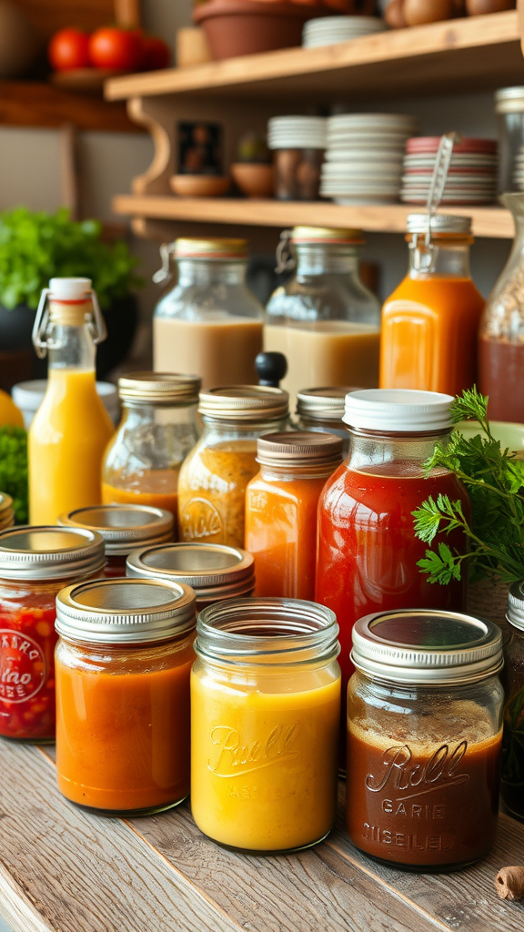 Various homemade sauces and dressings in jars displayed on a wooden table.