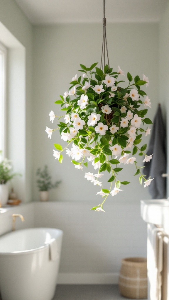 A Hoya plant with white wax flowers hanging in a bright bathroom