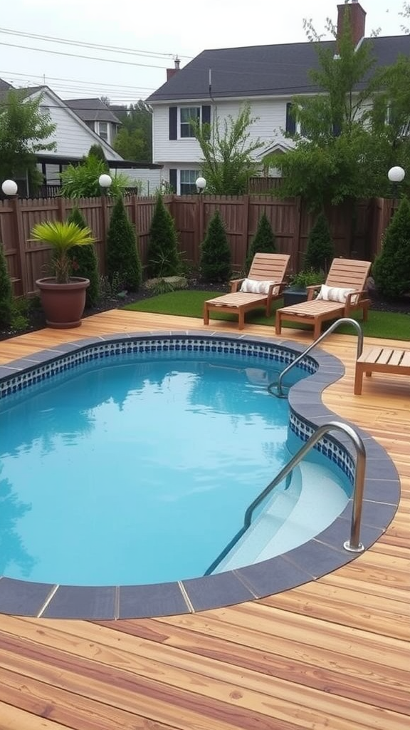 Small in-ground kidney-shaped pool with wooden decking and lounge chairs.