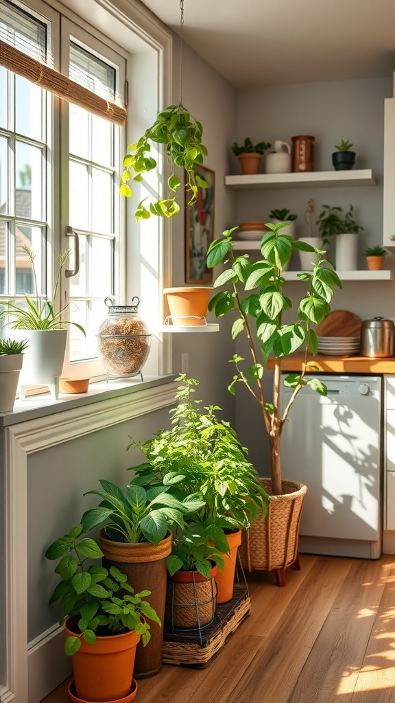 Bright indoor herb garden with various plants on a windowsill and shelves.