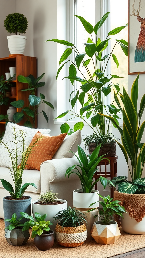 A variety of indoor plants displayed in different pots in a cozy living room setting.