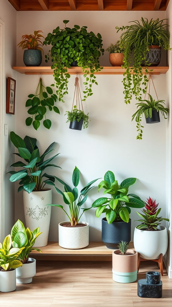 A cozy indoor setting with various plants displayed on shelves and the floor, showcasing a variety of planters.