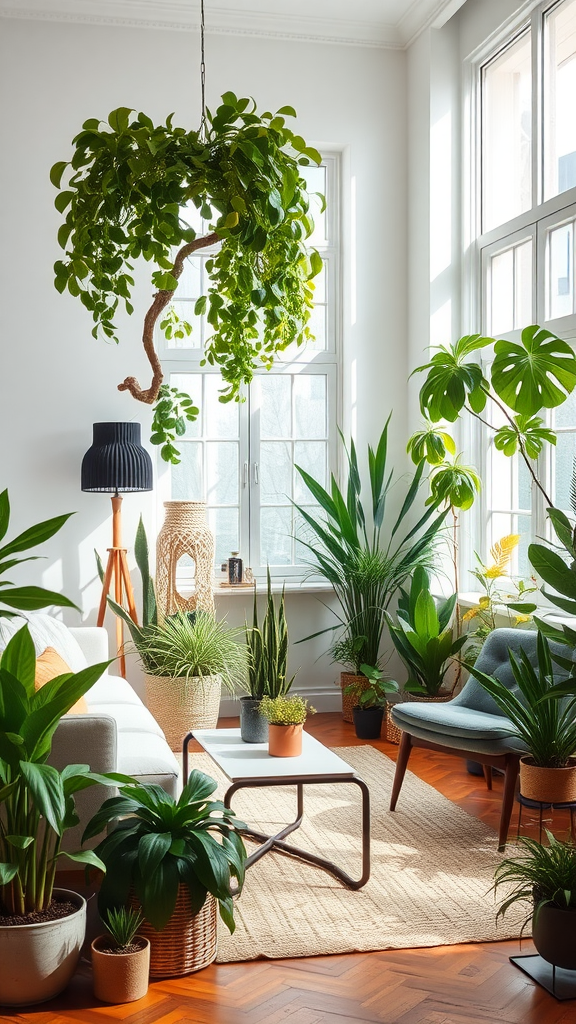 A cozy living room filled with various indoor plants, featuring a hanging plant and a mix of potted plants around a coffee table.