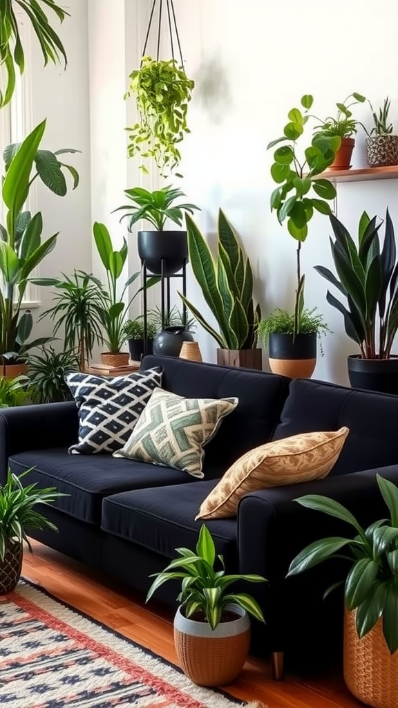 A cozy living room filled with various indoor plants, featuring a black couch adorned with decorative pillows.