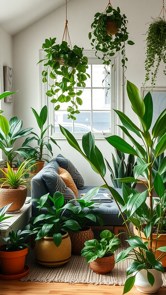 A cozy living room filled with various indoor plants and a comfortable sofa.