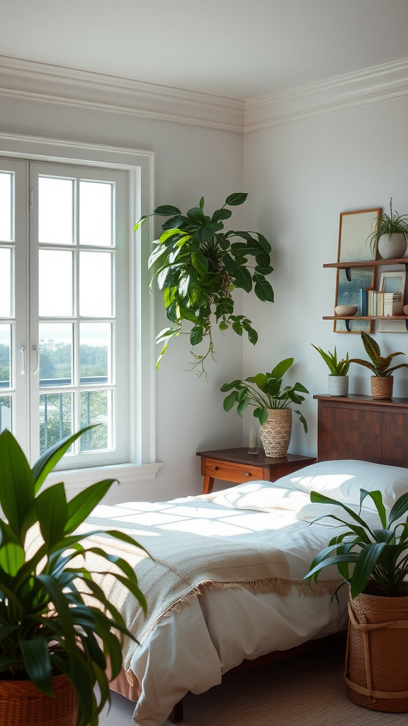 A coastal cottage bedroom with indoor plants, featuring a bed and large windows.