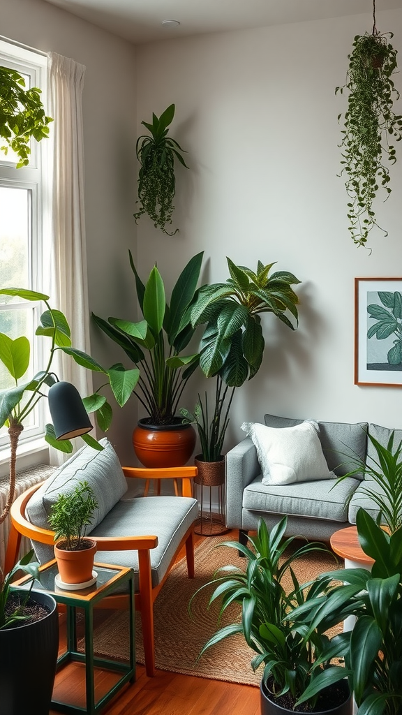 A cozy living room filled with various indoor plants, featuring a comfortable sofa and decorative elements.