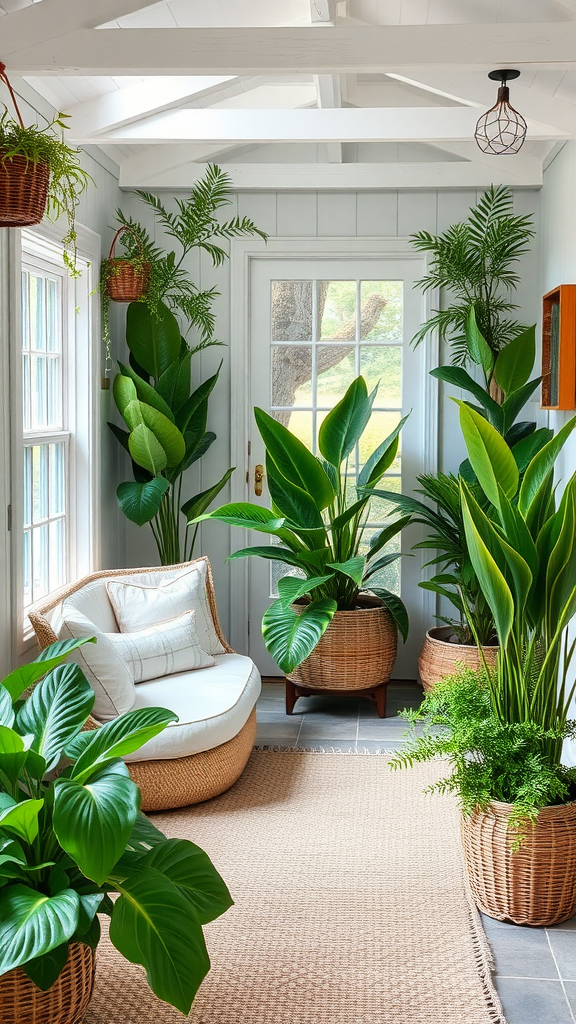 A bright indoor space filled with various green plants and a cozy seating area.