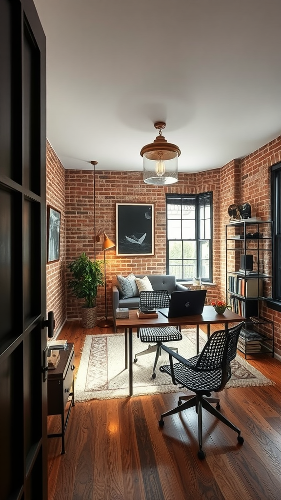 A stylish office with exposed brick walls, a comfortable seating area, and a modern desk setup.