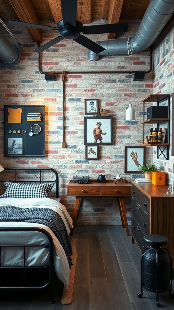 A stylish bedroom featuring exposed brick walls, metal accents, and wooden furniture.