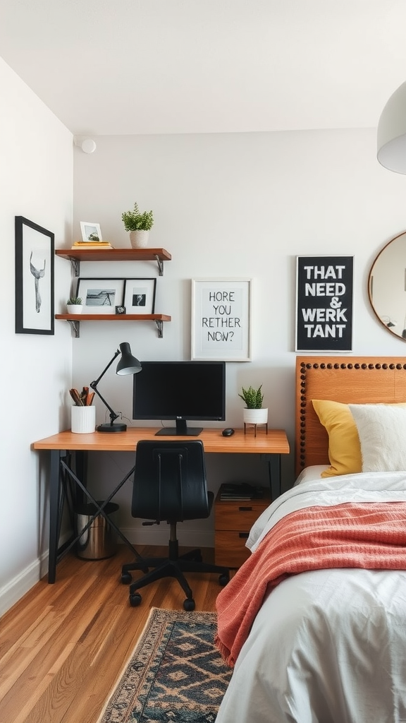 A stylish industrial chic workspace featuring a wooden desk, a computer, and minimalistic decorations.