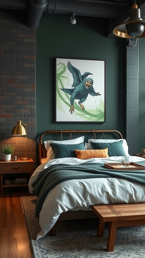 A stylish bedroom featuring industrial decor with green walls, a cozy bed, and unique artwork.