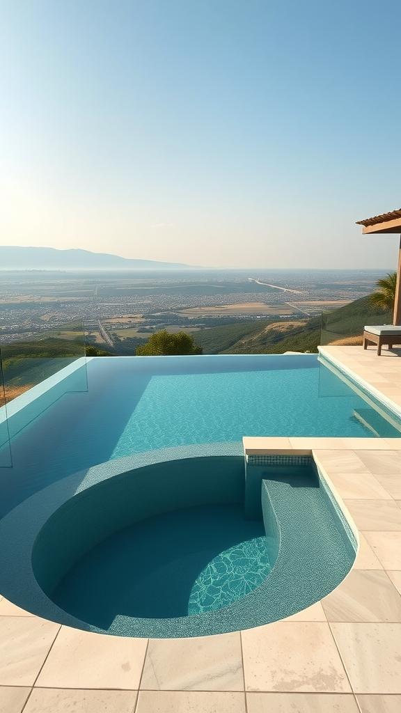 A beautiful infinity edge kidney pool overlooking a scenic view.