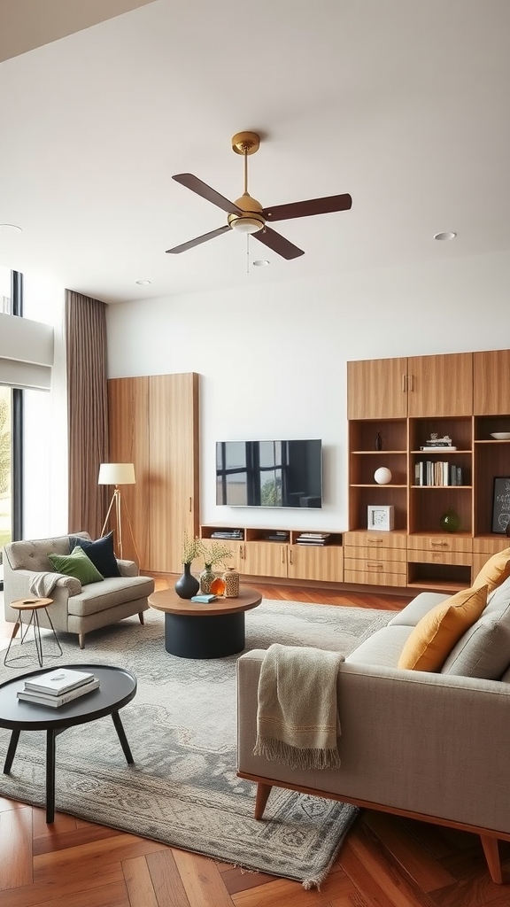 A modern living room featuring stylish storage solutions including wooden cabinets and comfortable seating.