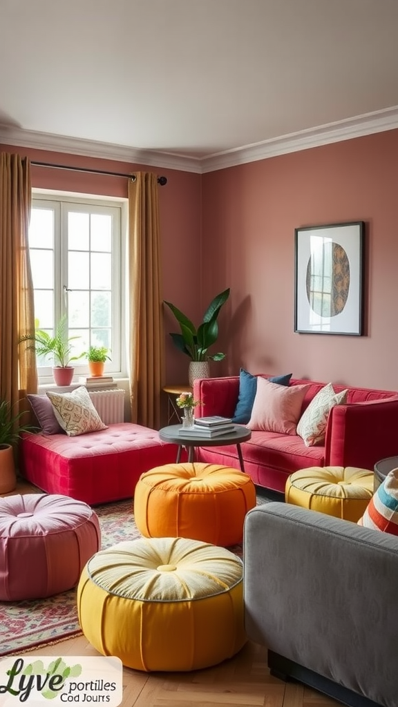 Brightly colored poufs arranged in a cozy living room setting.