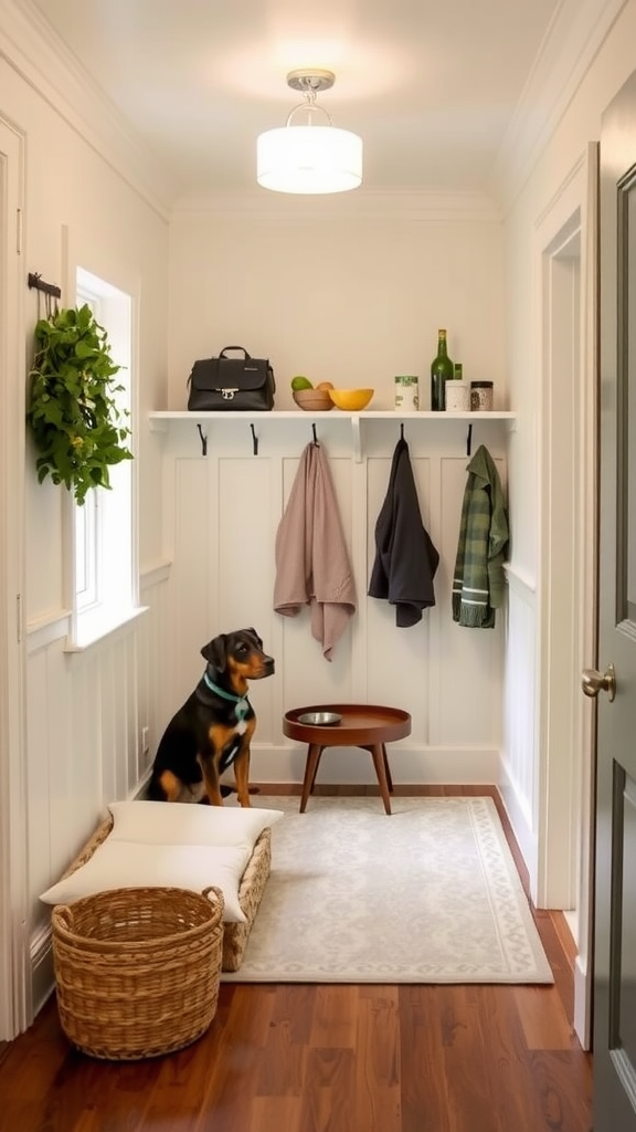 A stylish entryway featuring a dog bed, a water bowl, and hooks for coats, showcasing integrated pet spaces.