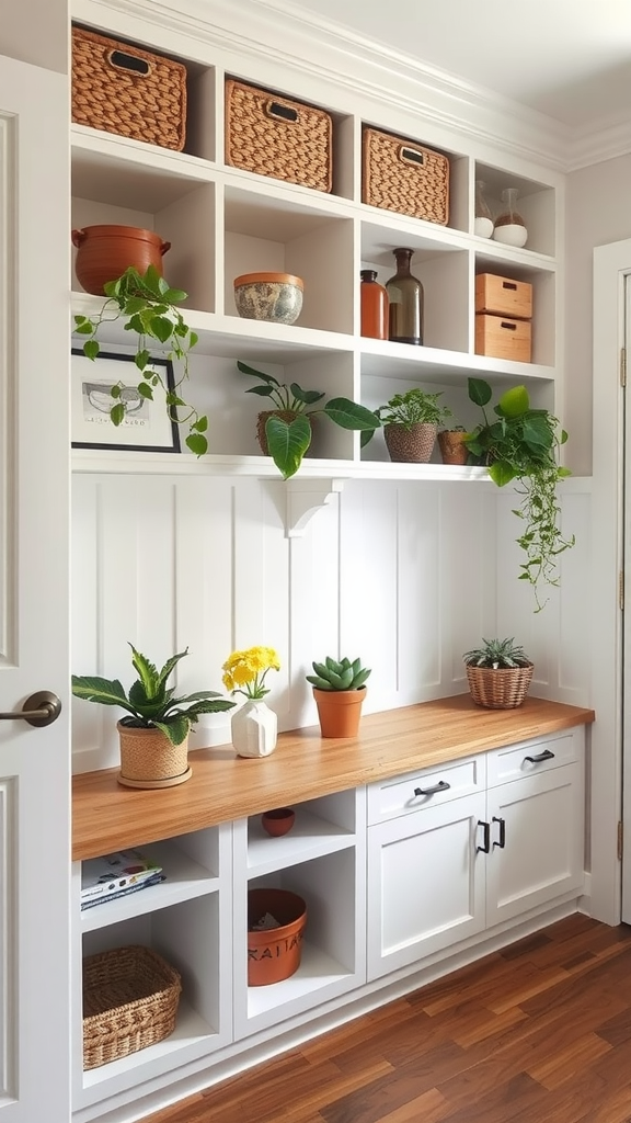 A clean and organized storage area with shelves, baskets, and plants.