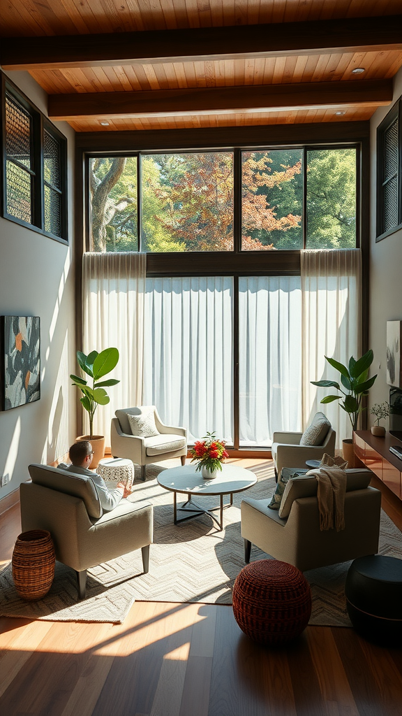 A cozy living room with comfortable chairs, a round table, and large windows letting in natural light.