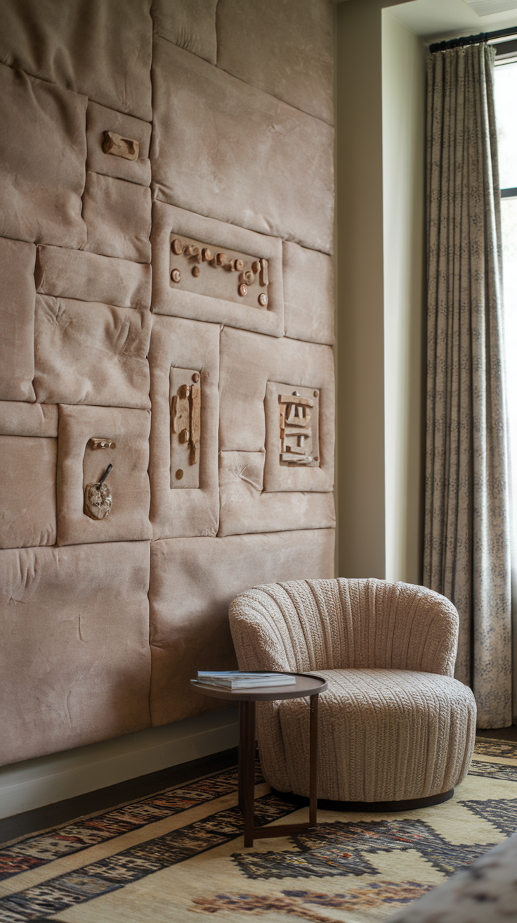 Cozy corner featuring textured wall art and a comfortable chair