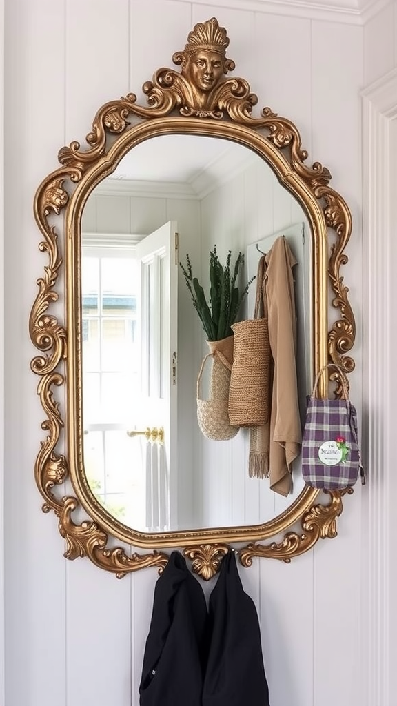 A decorative gold-framed mirror hangs in an entryway, with a plant and clothing items nearby.