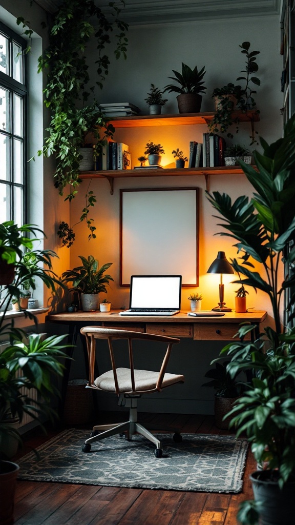 A cozy office corner with plants, a desk, and a laptop, illuminated softly.