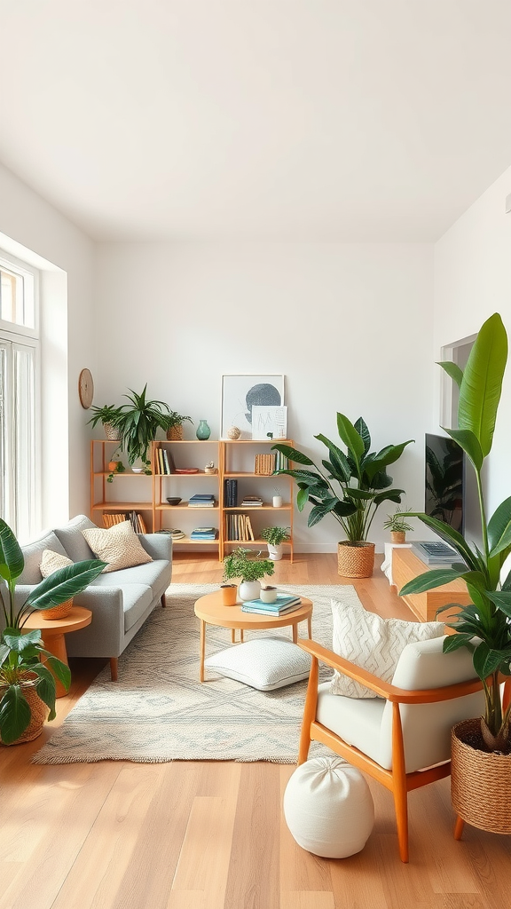 A bright living room with minimal clutter, featuring plants, a cozy sofa, and light wooden flooring.