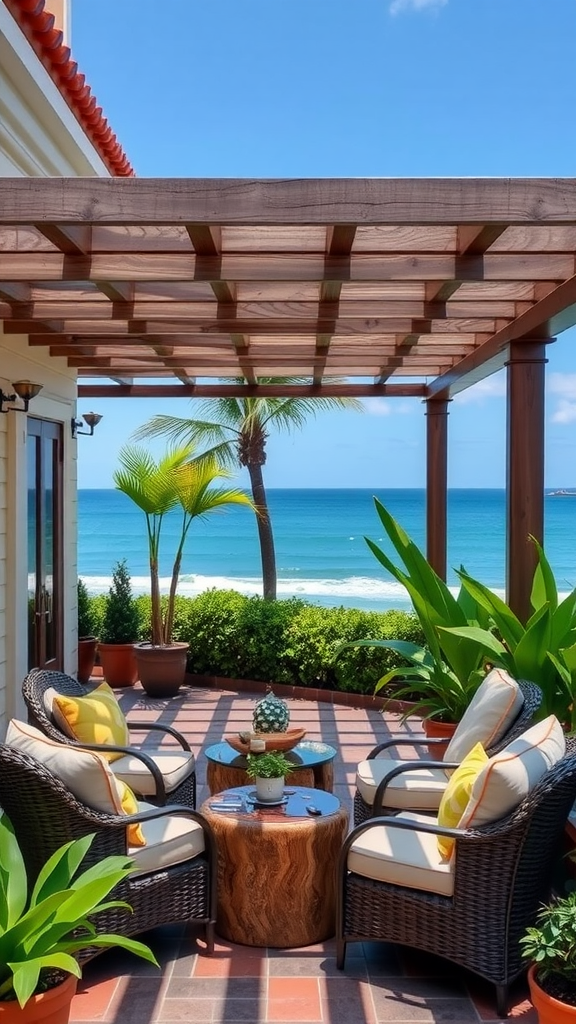 A welcoming outdoor patio featuring comfortable chairs, a small table, lush plants, and a stunning ocean view.