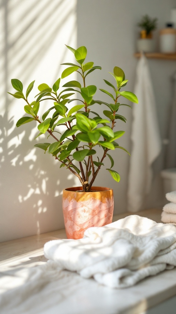 A jade plant in a decorative pot on a bathroom counter with white towels.