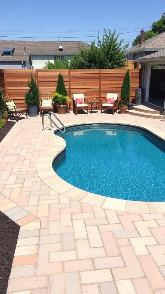 Kidney-shaped pool with paver stones and seating area in a small yard.