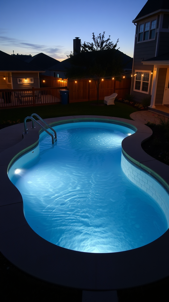 A kidney-shaped pool illuminated by ambient lighting at dusk, surrounded by a cozy backyard setting.