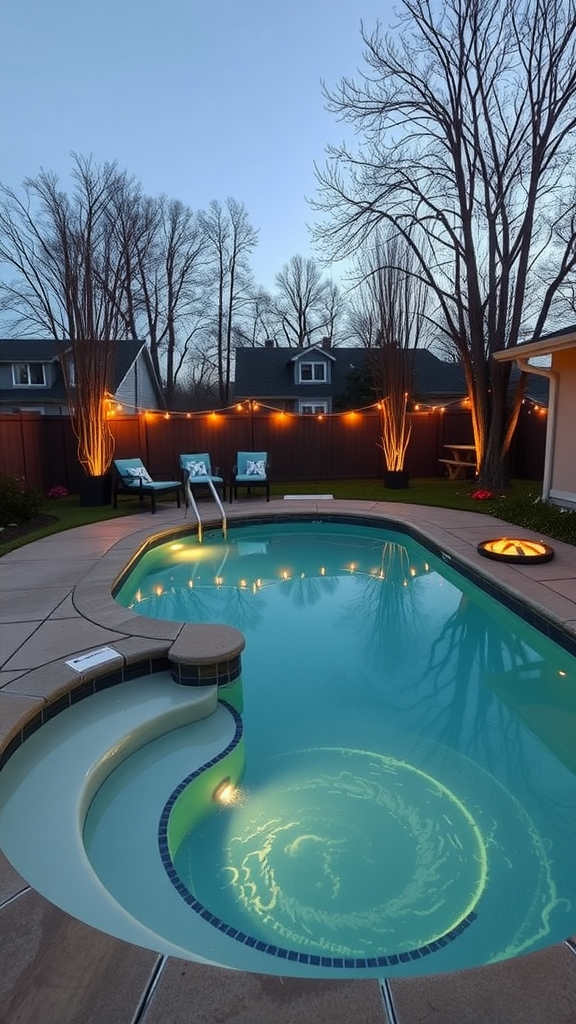 Image of a kidney-shaped pool with a built-in spa, surrounded by lights and seating.