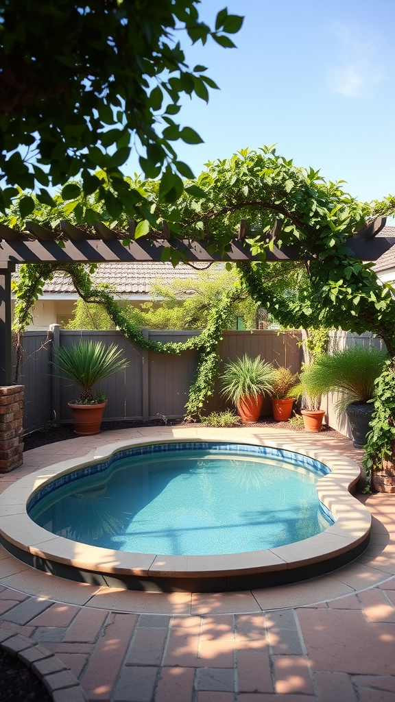 A kidney-shaped pool surrounded by greenery and a pergola.