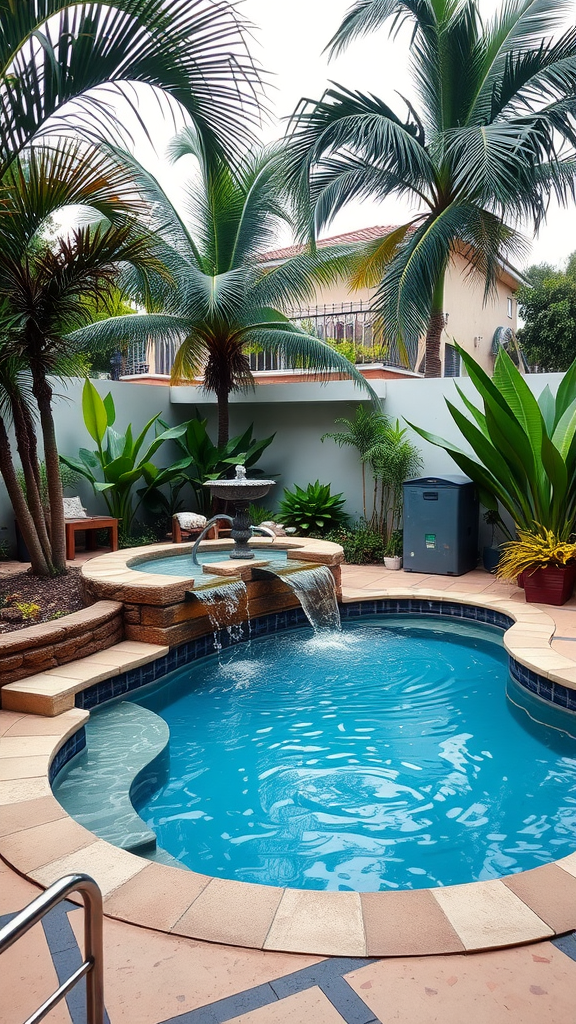 A kidney-shaped pool surrounded by lush plants and a waterfall.