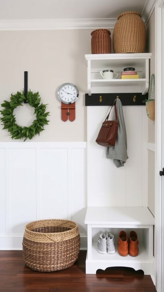 A cozy entryway featuring ladder storage with baskets, a clock, and hooks for bags and coats.