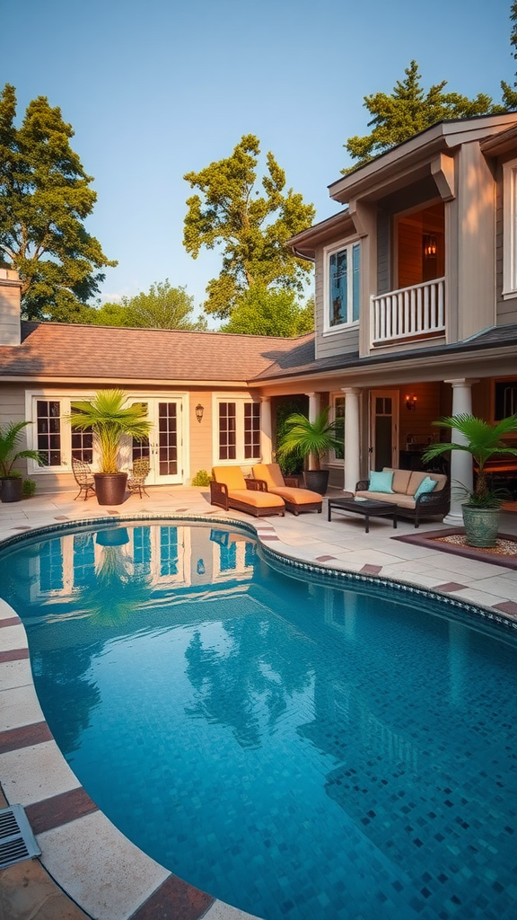 A beautifully landscaped kidney-shaped pool surrounded by lounge chairs and greenery.