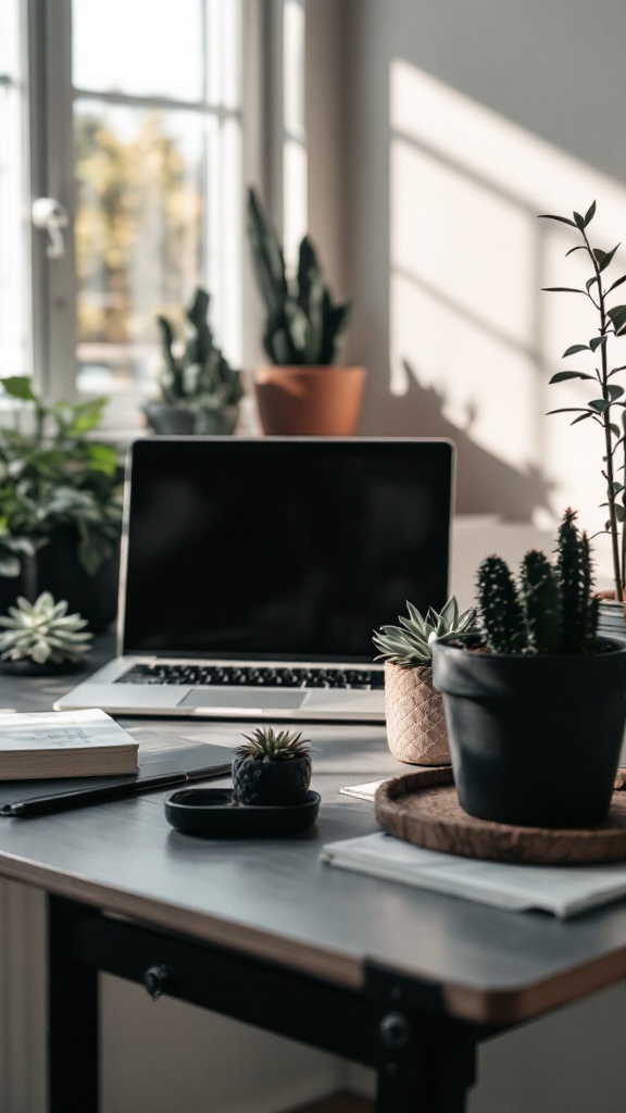 A cozy office desk with a laptop and several plants, including succulents and a cactus.