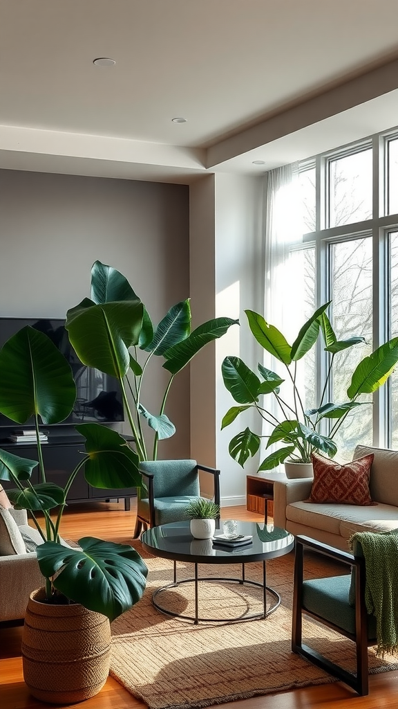 A bright living room filled with large leaf plants, featuring comfortable seating and a coffee table.