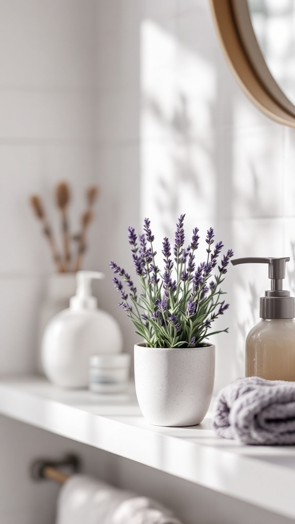 A potted lavender plant on a bathroom shelf with soft towels and toiletries in the background.