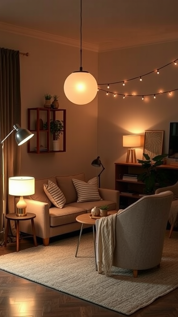 A cozy living room with layered lighting including a floor lamp, table lamp, and string lights.