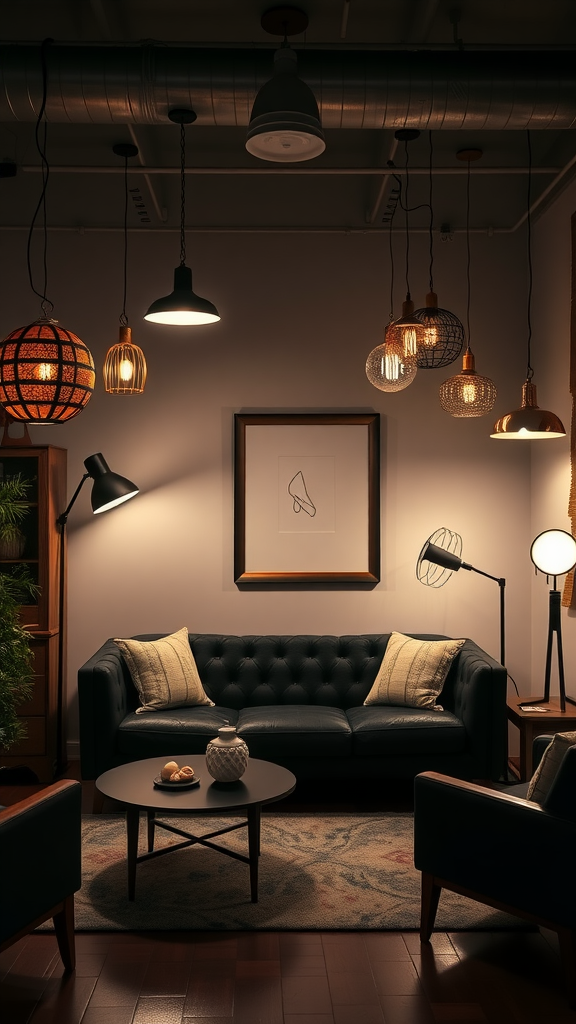 A cozy living room with various layered lighting options including floor lamps, table lamps, and pendant lights.