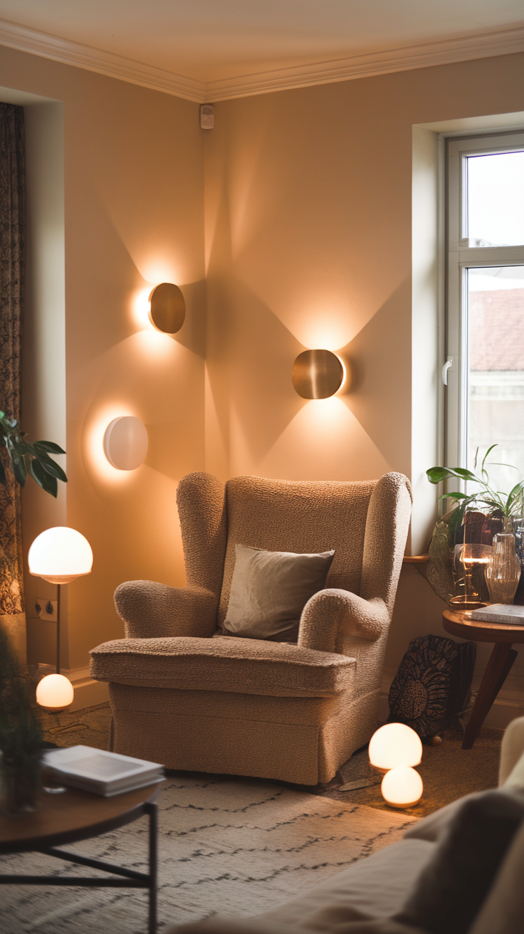 Cozy living area with layered lighting, featuring a comfortable armchair and soft light fixtures