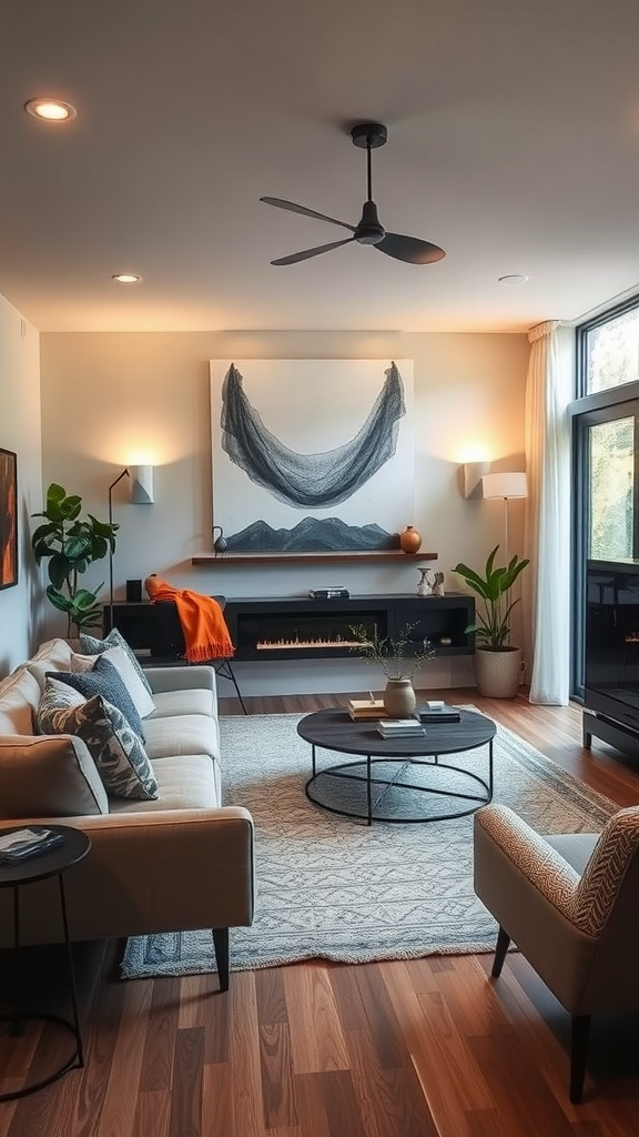 A cozy living room with layered lighting, featuring a sofa, coffee table, and artwork.