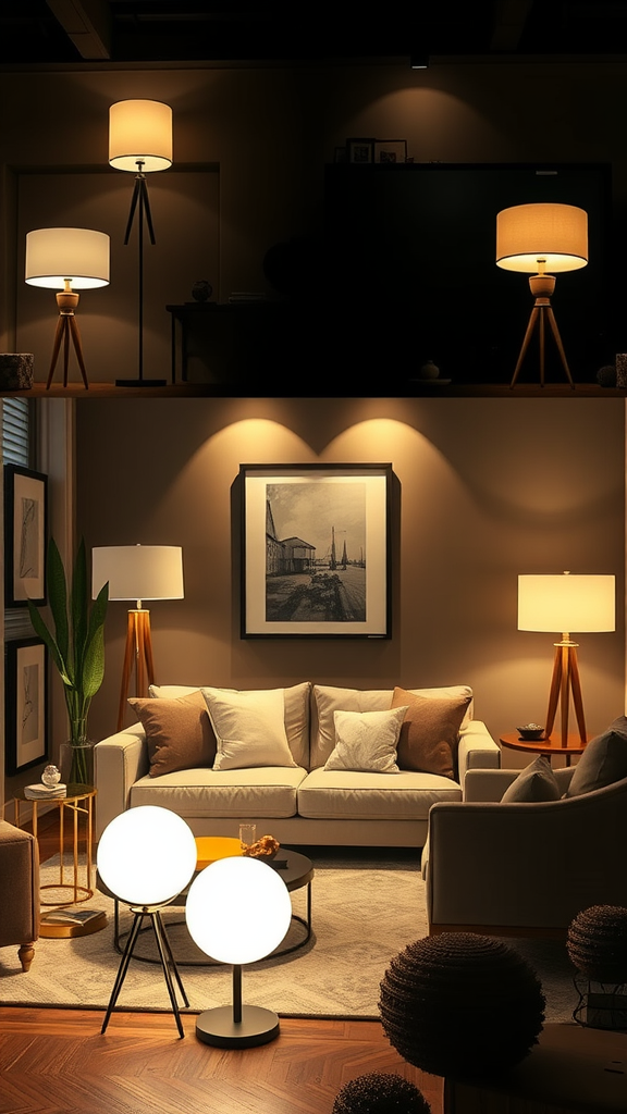 A cozy living room showcasing various lighting sources, including table lamps and floor lamps, creating a warm atmosphere.