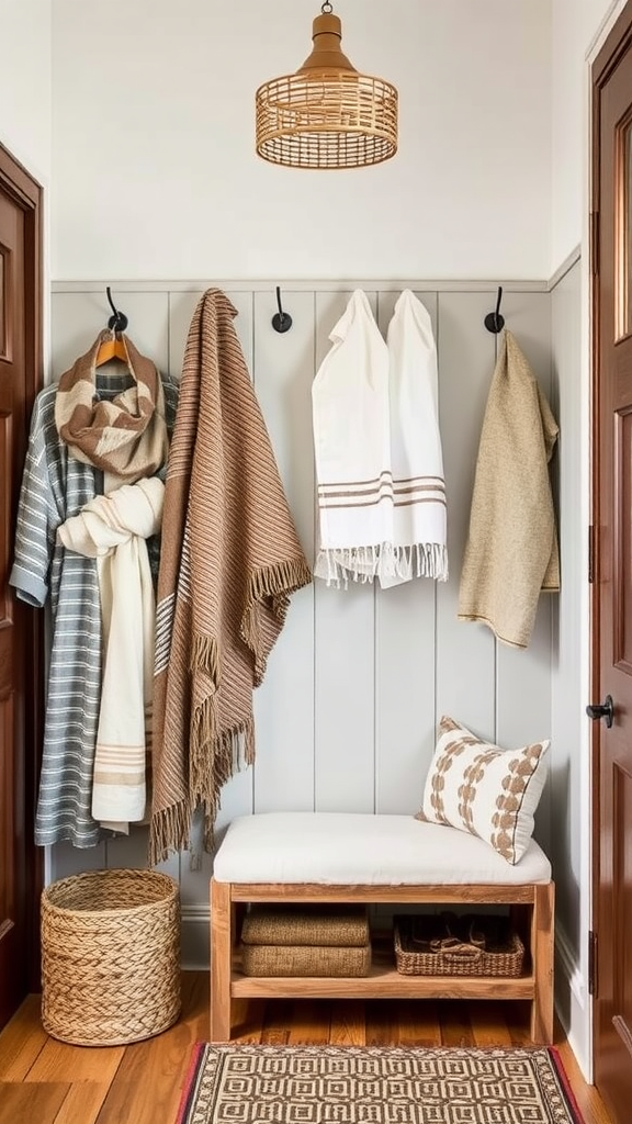 A cozy entryway featuring layered textiles including a variety of scarves and blankets hung on hooks, a cushioned bench, and decorative pillows.