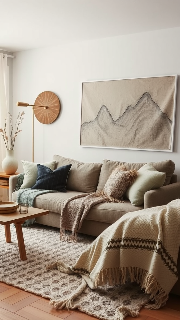 A cozy living room with a sofa layered with various textured blankets and cushions, accompanied by a stylish coffee table.