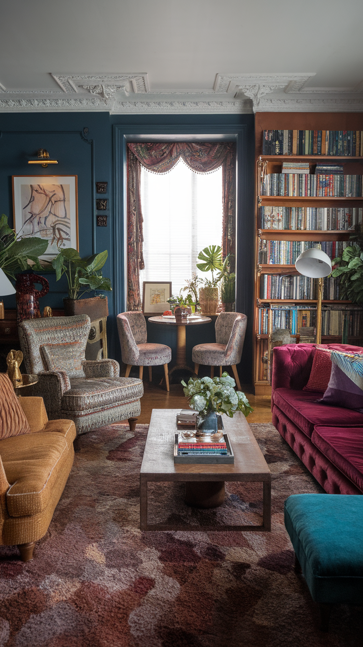 Cozy living room featuring a mix of colorful furniture, layered textures, and indoor plants.