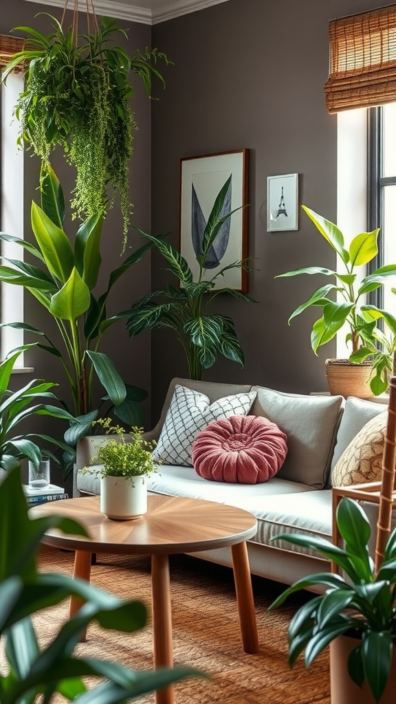 A cozy living room with various plants, a comfortable sofa, and a round wooden coffee table.