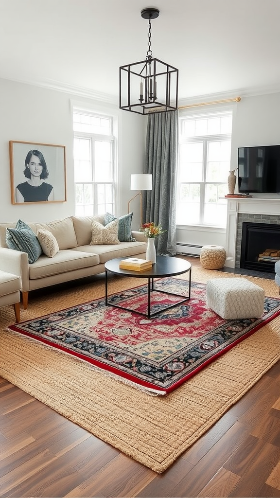 A living room featuring layered rugs, showcasing a vibrant area rug on top of a natural textured rug, with a sofa and modern decor.