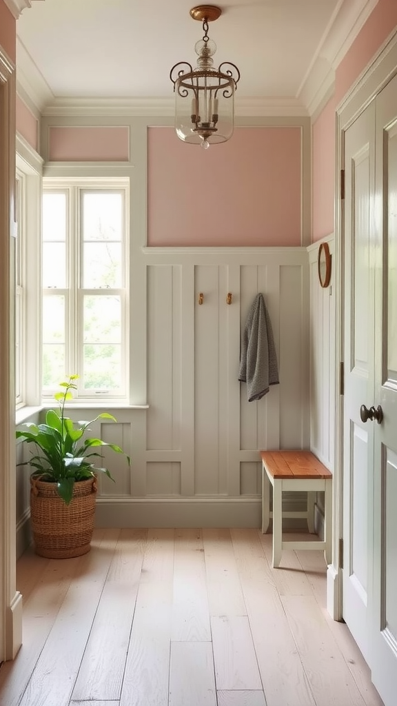 A bright hallway with pale pink walls, white paneling, and a potted plant.